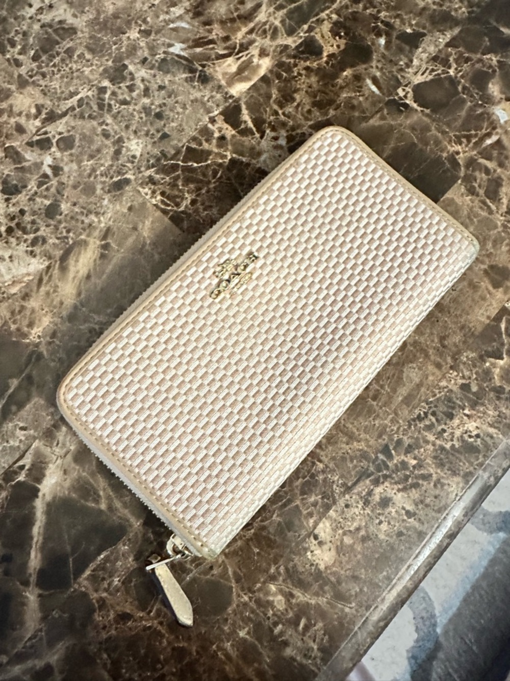 Coach Woven Zip Wallet in Light Cream with Gold Logo
